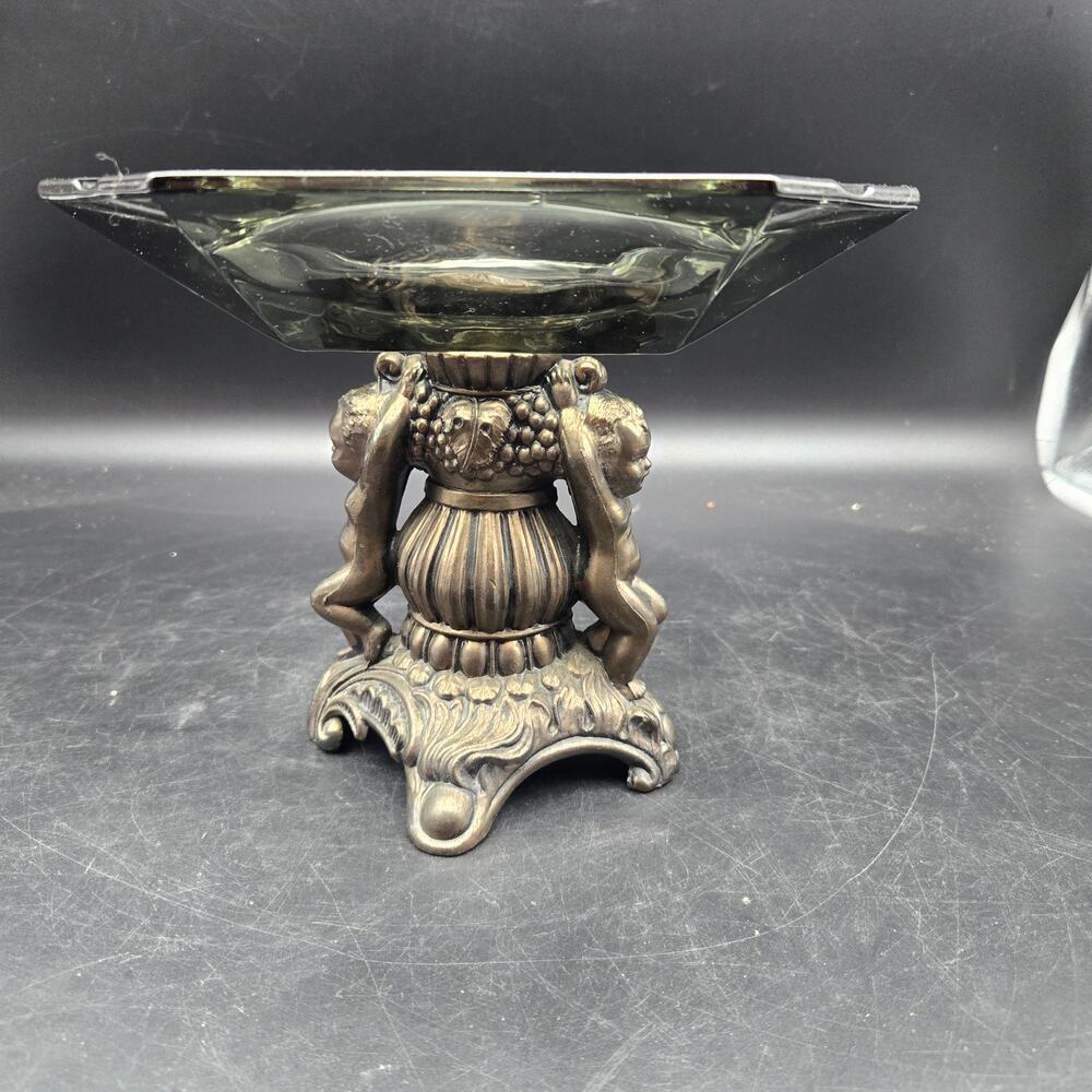 Vintage Glass Ashtray Cherub Pedestal Stand Brass Ornate Mid Century Decor
